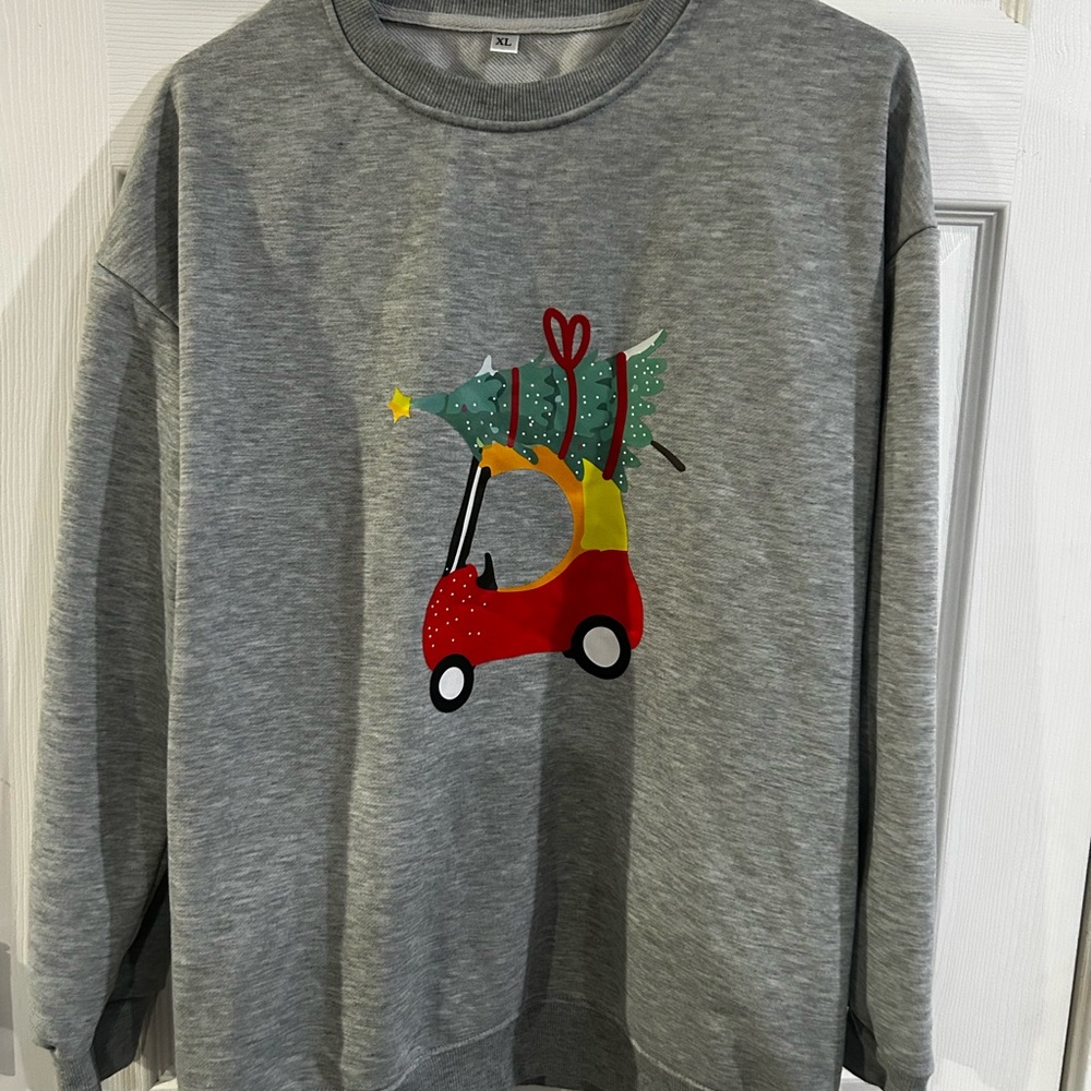 Gray Sweatshirt with Festive Car Design